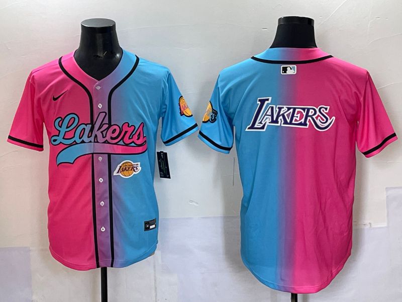 Men 2025 Los Angeles Lakers Blank Blue pink Nike Joint Name NBA Jersey style 9